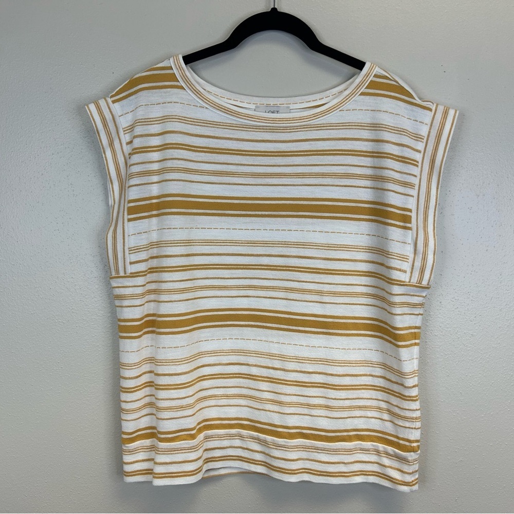 LOFT White Mustard Yellow Striped Boxy Tee Womens M Cotton Classic Preppy Travel - Picture 1 of 8